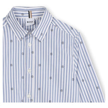 Load image into Gallery viewer, Blue &amp; White Striped Logo Shirt