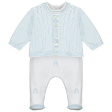 Load image into Gallery viewer, White &amp; Blue Babygrow &amp; Cardigan Set