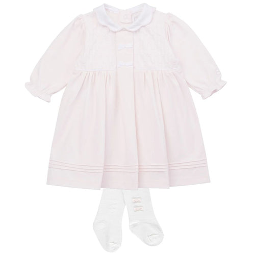 Pink Embroidered Smock Dress & Tights