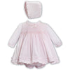 Pink Smocked Dress, Bloomers & Bonnet Set