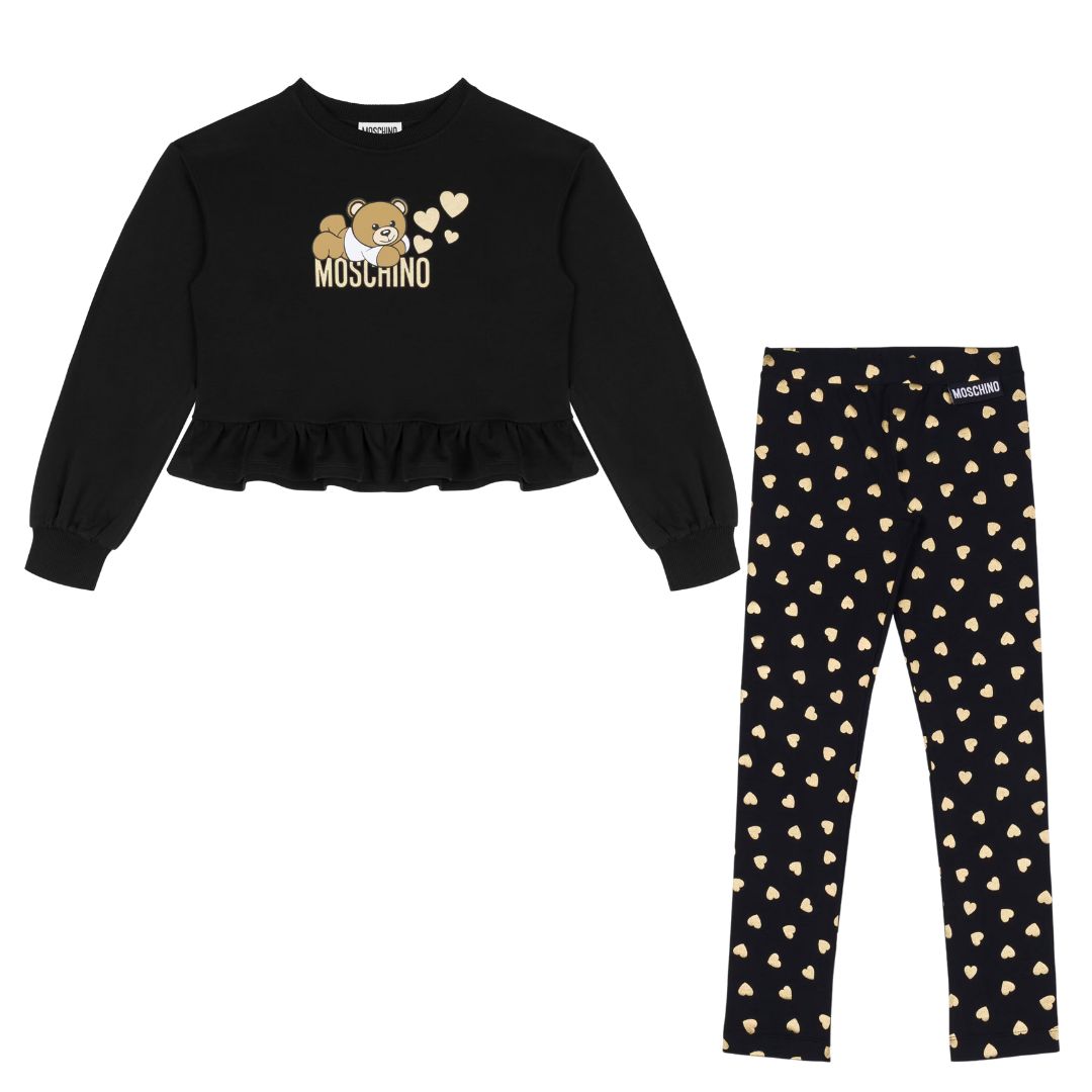 Black Metallic Gold Hearts Leggings Frill Sweat Top