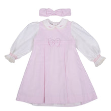 Load image into Gallery viewer, Pink &amp; Cream Embroidered Bow Dress &amp; Headband