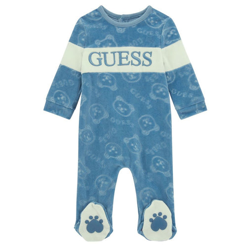 Blue Velour Embossed Teddy Babygrow