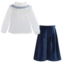 Load image into Gallery viewer, French Navy Velvet Culottes &amp; Smocked Blouse Set