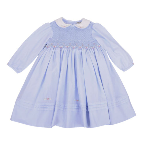 Blue Smocked & Floral Embroidered Dress