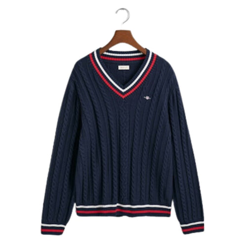 Navy Cable Knit V Neck Jumper