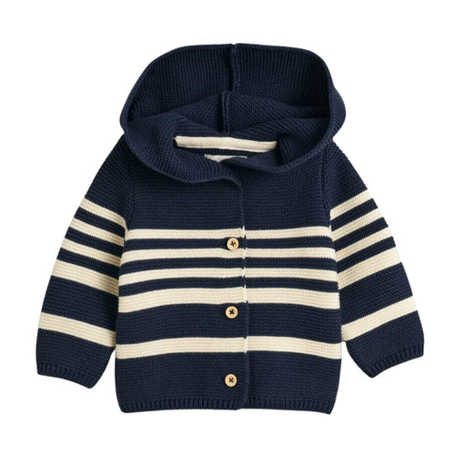 Babies Navy & Cream Striped Hooded Cardigan