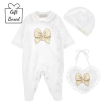 Load image into Gallery viewer, PRE ORDER - White &amp; Gold Bow Babygrow Set