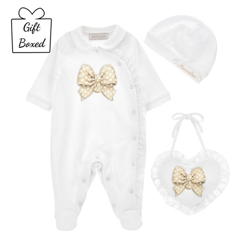 PRE ORDER - White & Gold Bow Babygrow Set