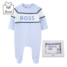 Load image into Gallery viewer, Pale Blue Babygrow &amp; Bib Gift Boxed