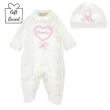 Load image into Gallery viewer, Ivory Rhinestone Heart Baby Grow &amp; Hat