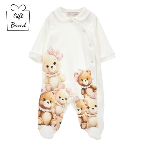 Ivory All Over Bear Design Pink Babygrow