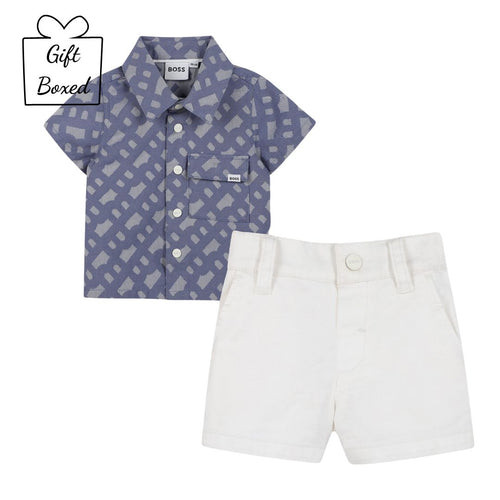 Blue Monogram Print Shirt & Shorts Set