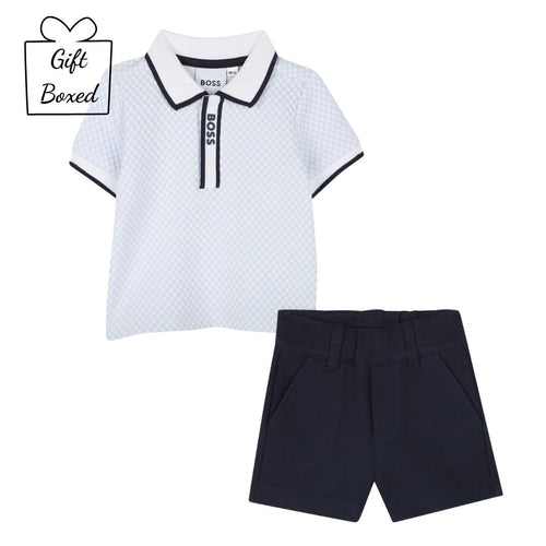 Blue Checked Polo Shirt & Shorts Set