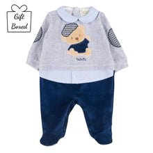 Load image into Gallery viewer, Grey &amp; Navy Velour Bear Babygrow