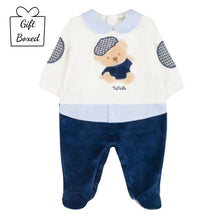 Load image into Gallery viewer, Ivory &amp; Navy Velour Bear Babygrow