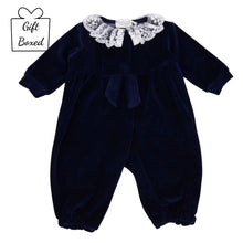 Load image into Gallery viewer, Navy Velour &amp; Lace Collar All In One