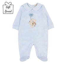 Load image into Gallery viewer, Pale Blue Velour Embroidered Teddy Babygrow