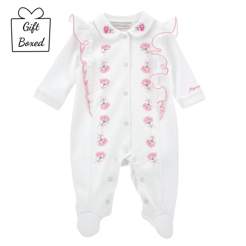 PRE ORDER - White Embroidered Roses Frill Babygrow