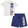 White & Navy Vertical Logo Short Set