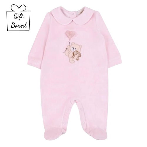 Pale Pink Velour Teddy Babygrow