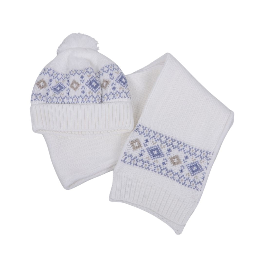 Ivory & Blue Knitted Hat & Scarf