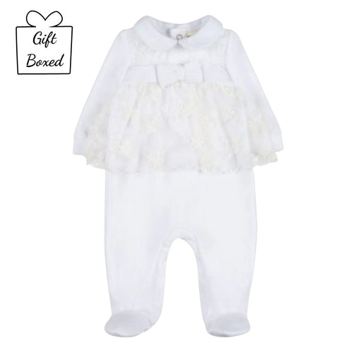 White Velour & Lace Babygrow