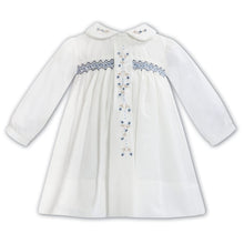 Load image into Gallery viewer, Ivory Smock &amp; Blue Floral Embroidered Dress