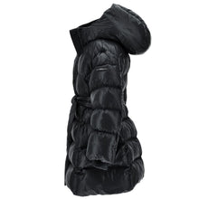 Load image into Gallery viewer, Black Tie Belt Logo Puffer Coat