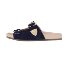 Load image into Gallery viewer, Navy &amp; Gold Suede Mules