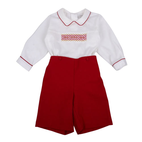 Red & Cream Smocked Shirt & Shorts Set