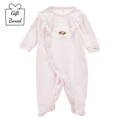 PRE ORDER - Pale Pink Lace Trim Babygrow