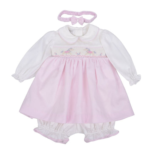 Pink & Cream Embroidered Pony Smocked Dress, Bloomers & Headband